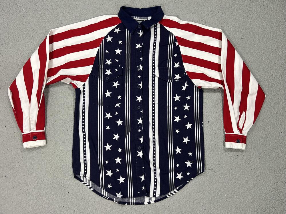Panhandle Slim Shirt Womens Small USA Flag Patriotic Western Stars Stripes Rodeo